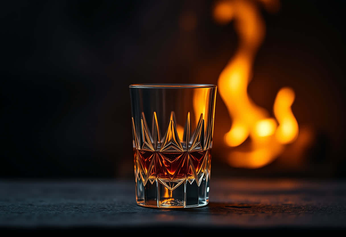 Amber whisky in a glass against an ember glow